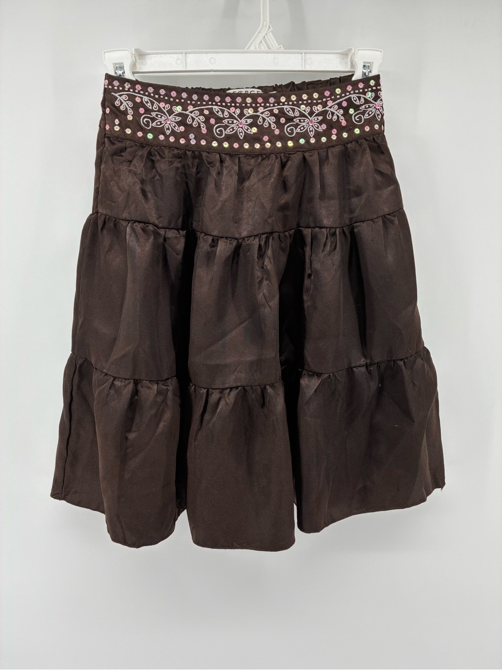 Embroidered Waist Tiered Brown Skirt